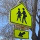 Highlighter yellow Availed RRFB school crossing sign with arrow, with a tree and blue sky in background.